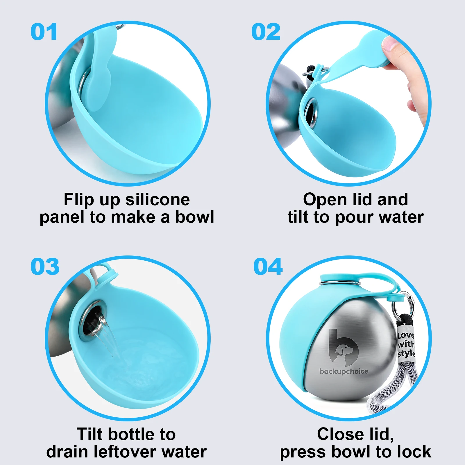 Four illustrated steps: unfold the silicone bowl, open the stopper and pour, drain remaining water, and close